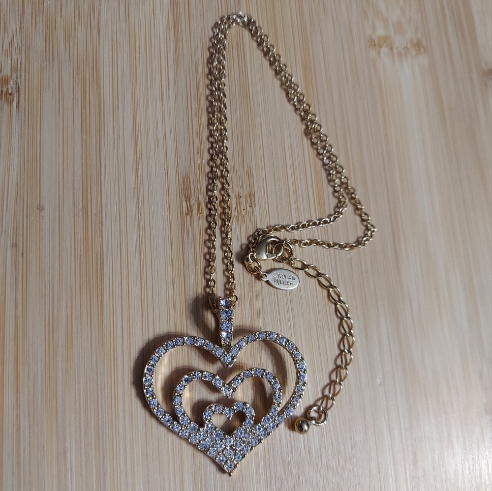 Nolan Miller Textured Gold Tone/Pave' Triple Heart Pendant Necklace